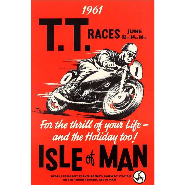 retro motorcycle race poster printed on wood; Isle of Man TT Races