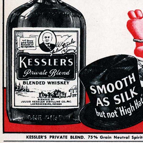 close up of whiskey bottle on 1940s ad for Kessler's Whiskey
