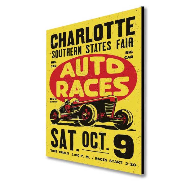 old poster on wood for Southern States Fair Auto Races; wood sign with black edges