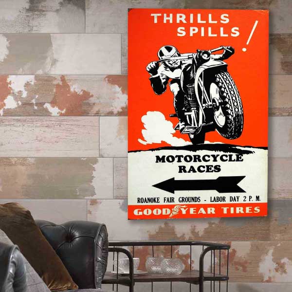 Thrills & Spills at Roanoke Fair Grounds motorcycle races. Vintage poster printed on Wood