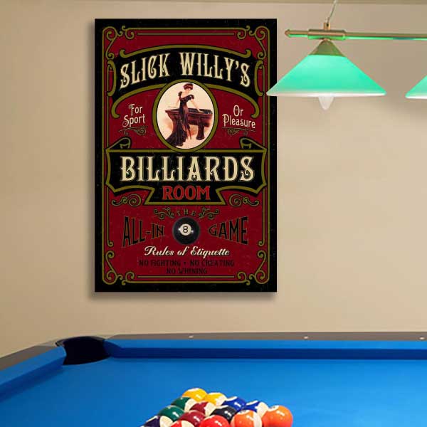Vintage Billiards Room Poster | 1930s | Wood Sign | Slick Willy's | Po