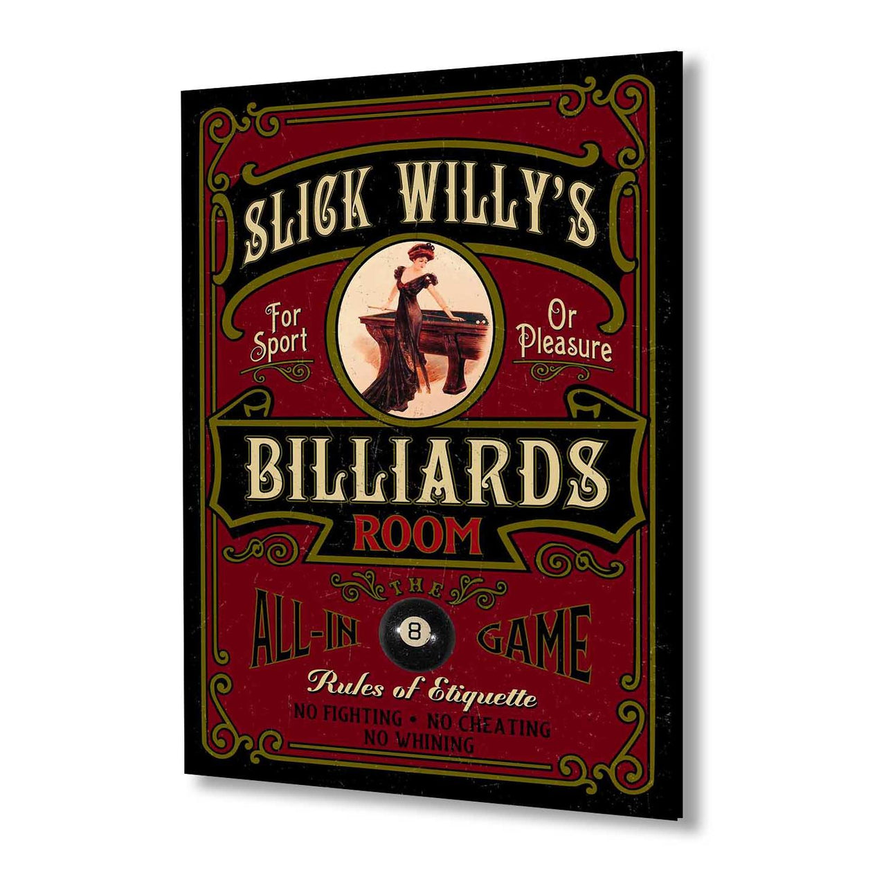 Vintage Billiards Room Poster | 1930s | Wood Sign | Slick Willy's | Pool Room