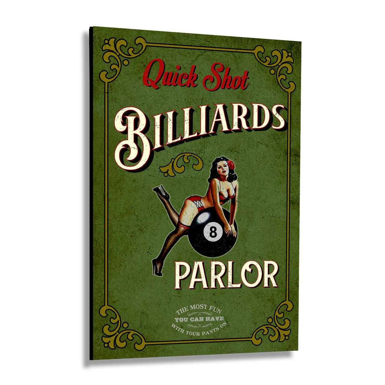 Vintage Billiards Poster | 1950s | Wood Sign | Quick Shot | Game Room