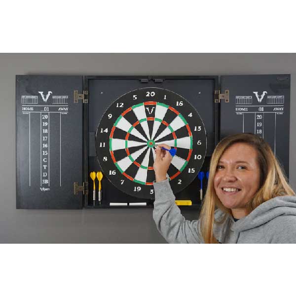 family fun with this dartboard and personalized cabinet