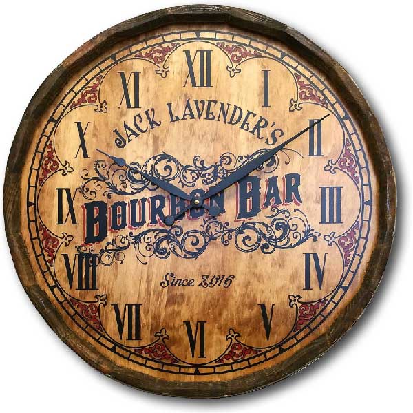 wood barrel clock for Bourbon Bar