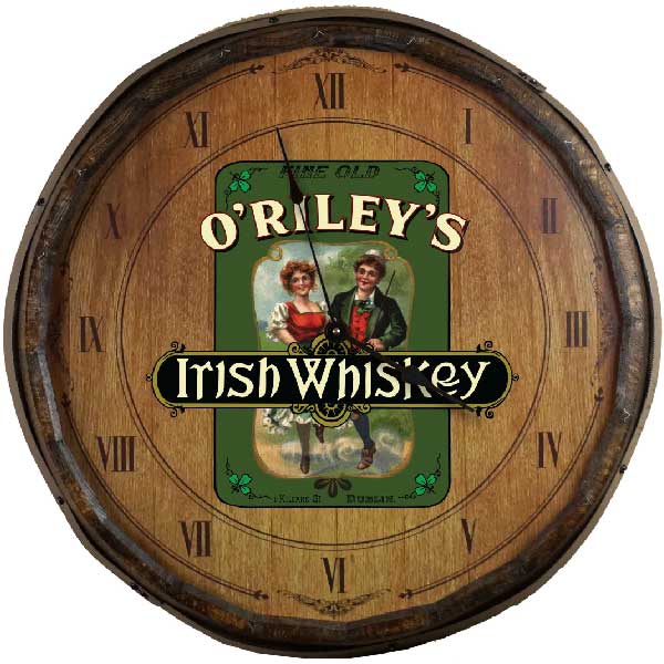 barrel end sign with clock; image is of Irish Whiskey