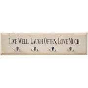 Coat rack with live laugh love text