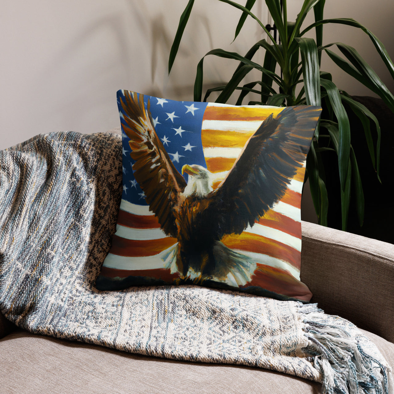 U.S. Flag and Bald Eagle (front) | Solid Black (back) | Throw Pillow
