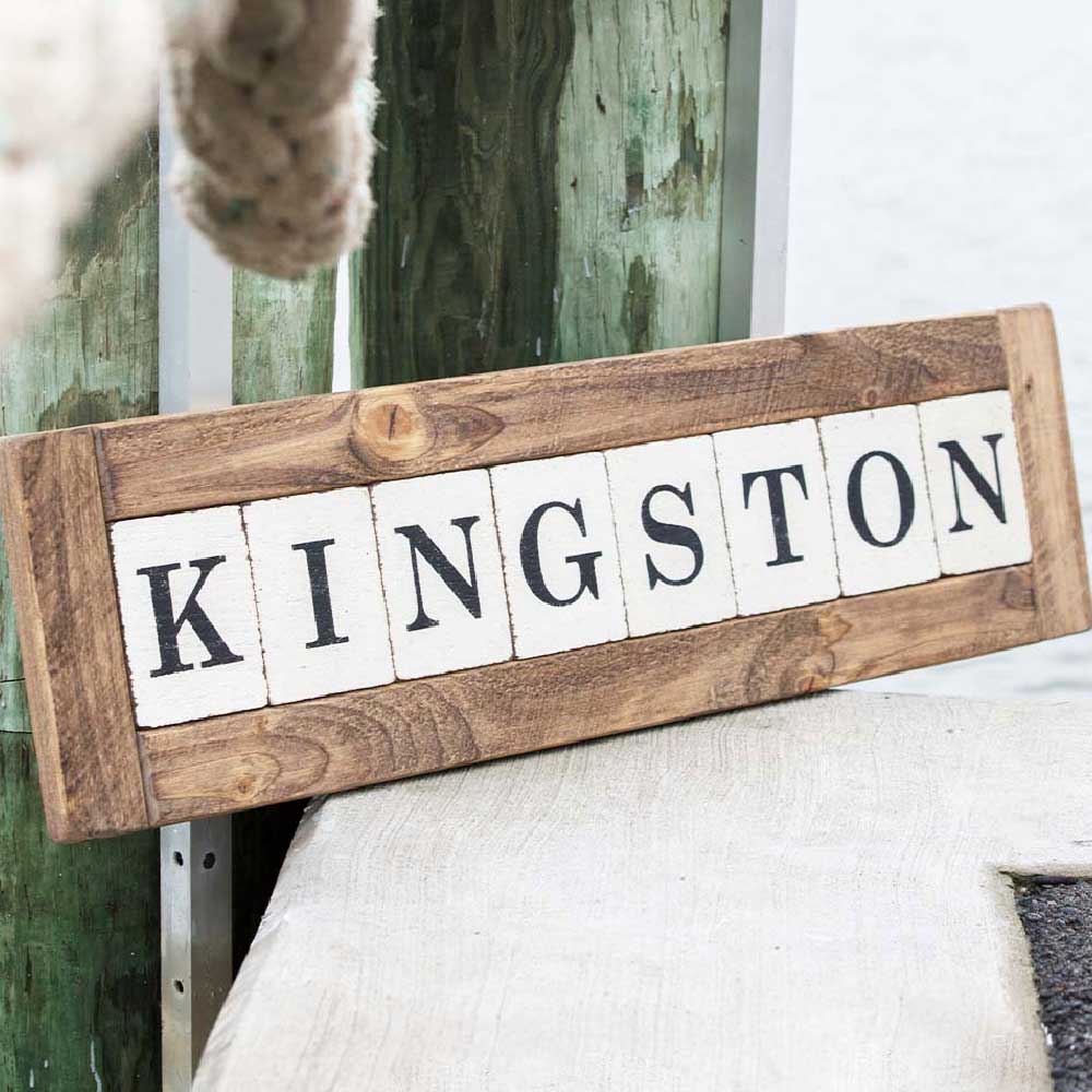 location and name signs in wood letter blocks