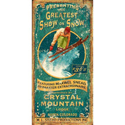 rustic wall art for a snow show at Crystal Mountain lodge