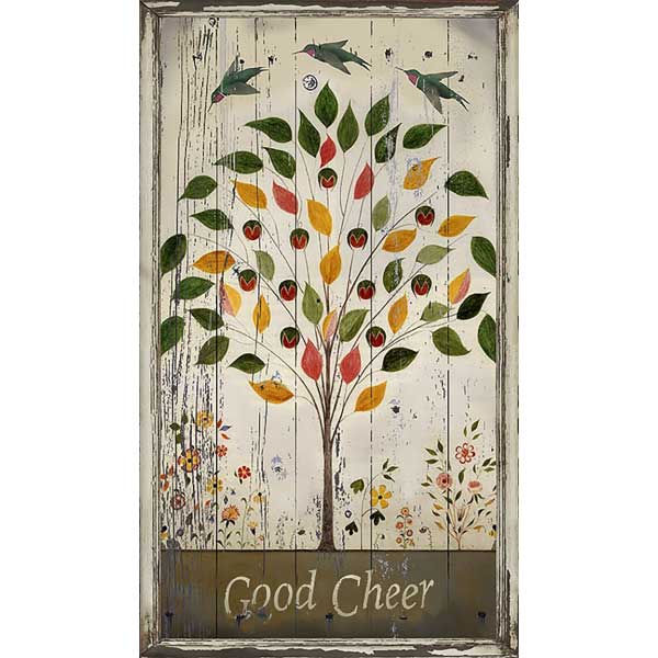 folk style vintage wood sign with tree and text of Good Cheer