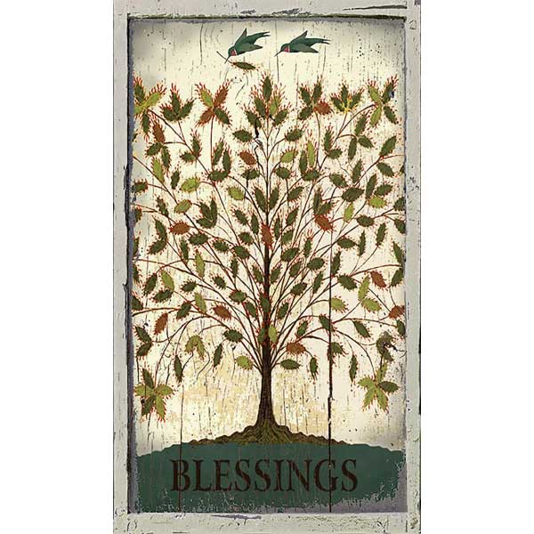 wood sign with tree and birds and the text Blessings