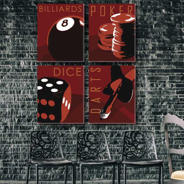 Game Room | Poker | Billiards | Dice | Darts | Wall Art | Set of 4 Canvas Prints