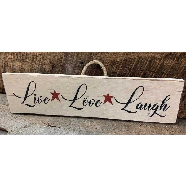 rustic wood sign with Live, Love, Laugh in text