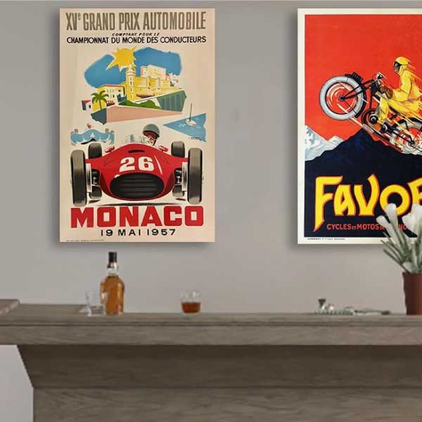 vintage Monaco Grand Prix poster mounted above a home bar