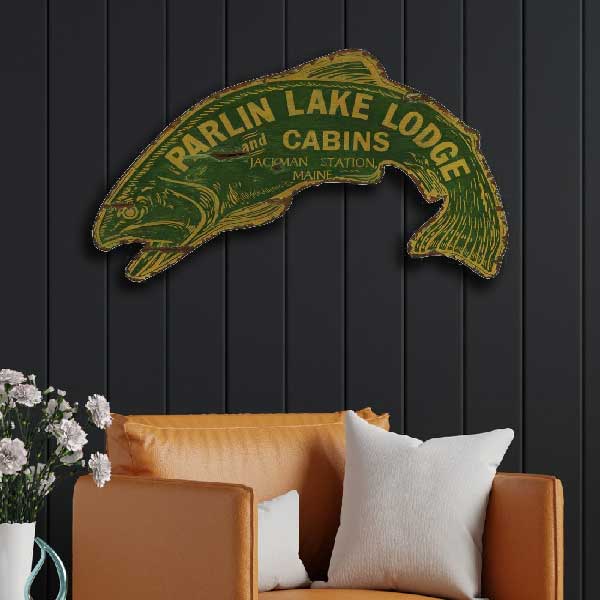 rustic jumping fish wall art; sign for lodge, camp or resort