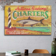 old wood ad for Hatteras Fishing Charter; lighthouse