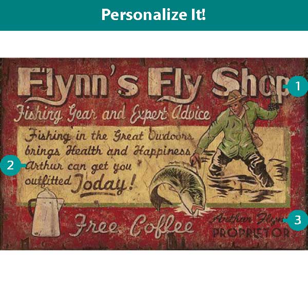 vintage ad for Fly fishing Shop; weathered look; personalize the name