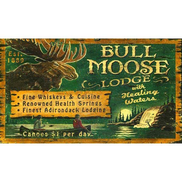 rustic wall art with image of a moose head and canoe on a river