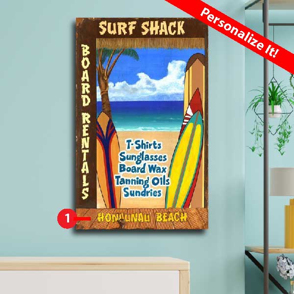 personalize this surf shop vintage wood sign
