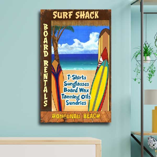 surf shack ad wood sign for hawaii beach