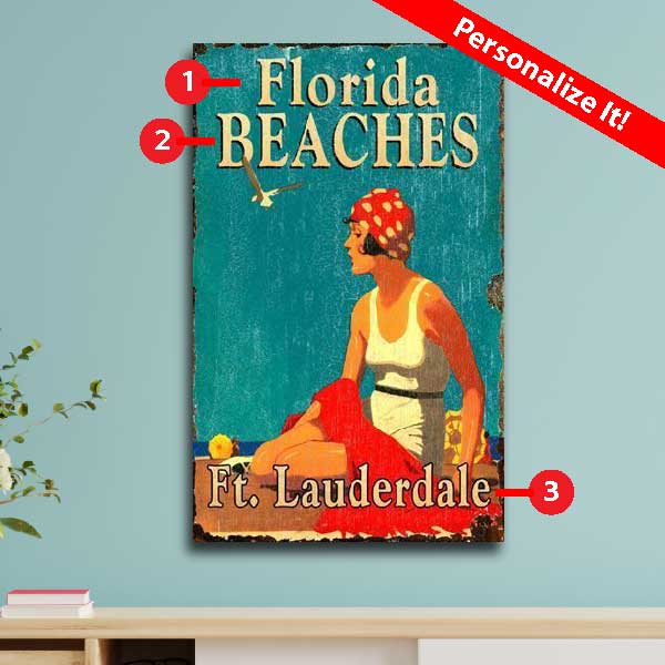 customize this wood sign with image of women on warm beach in Florida