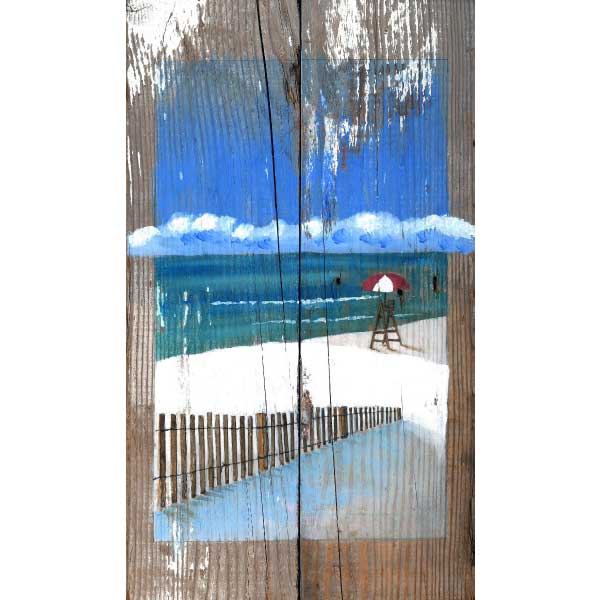 base image of beach scene on old wood sign