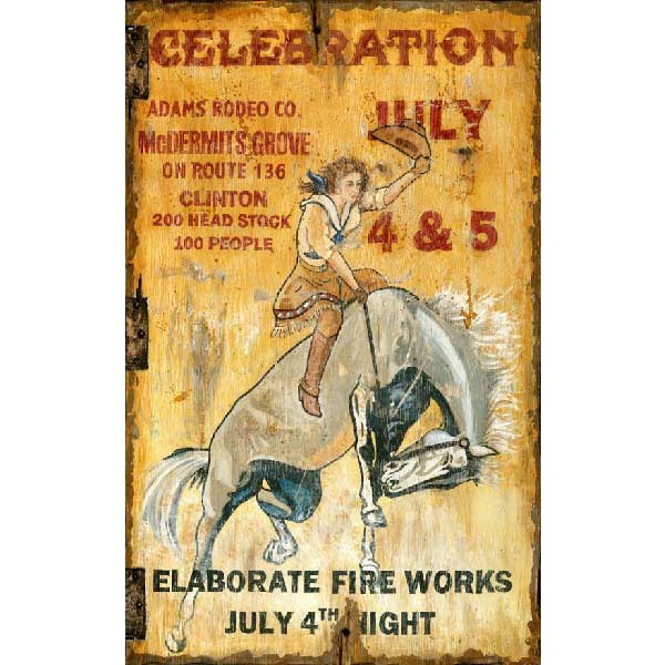 vintage wood sign for July 4th rodeo celebration