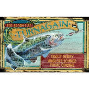 old wood sign for The Resort at Turnagain. image of trout and fishing lure