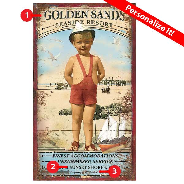 ad for Golden Sands Seaside Resort; image of boy on the beach