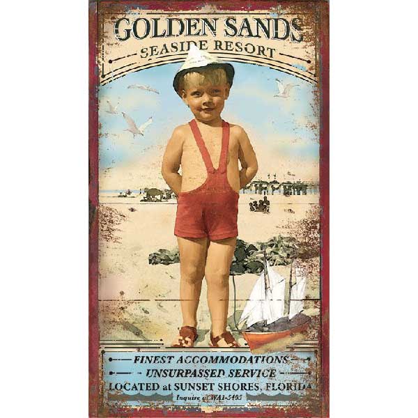 ad for Golden Sands Resort in Florida; image of boy at the beach