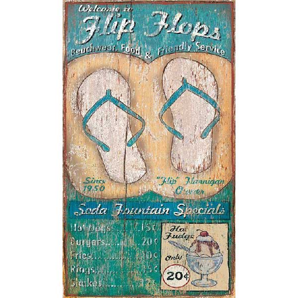 old wood sign with image of flip flops; soda fountain specials