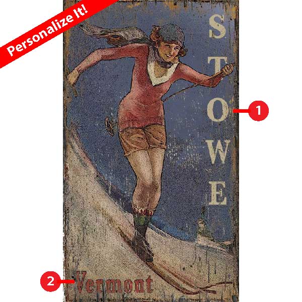 personalize antique looking wood sign of women spring skiing