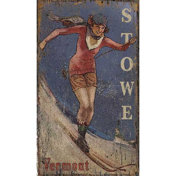 old wood sign wall art of women skiing at Stowe, VT
