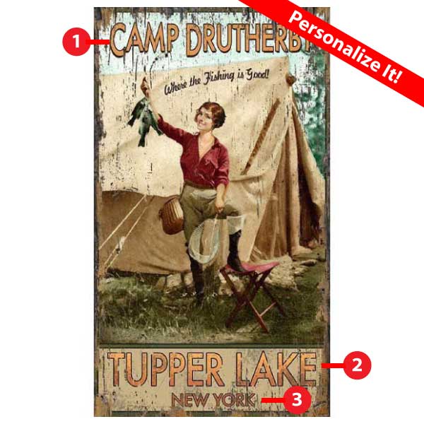 rustic wall art of Camp Drutherby NY. Personalize the location