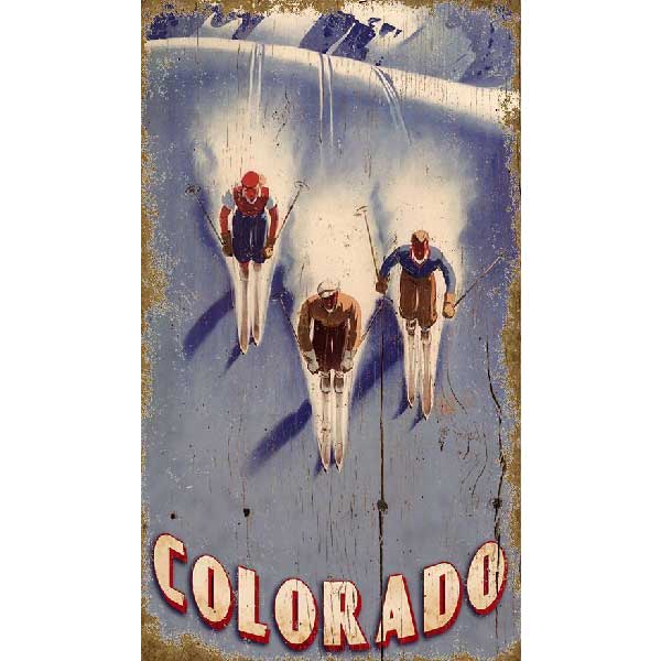 wall decor of vintage-style ski image. three skiers racing downhill in Colorado