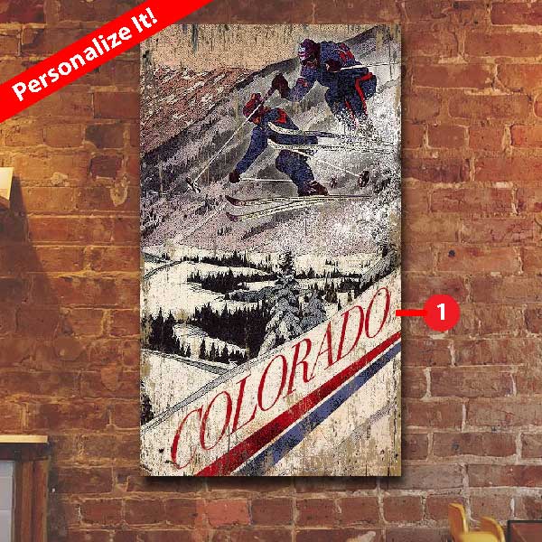 customize this classic wood sign of jumping skiers