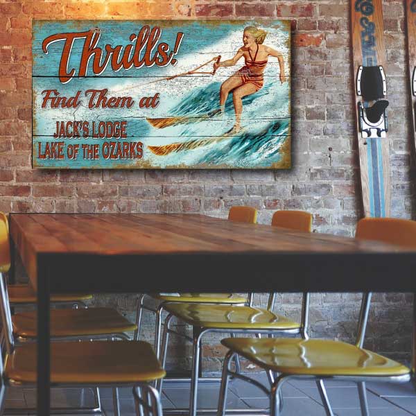 retro waterskiing wall art; wood sign