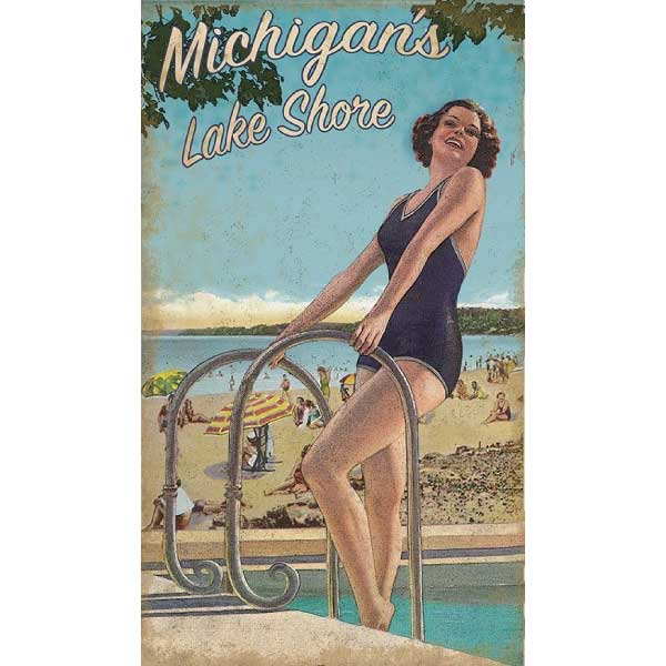 Michigan's Lakeshore retro wood sign; beach resort scene