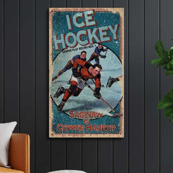 Old wood sign with ice hockey players