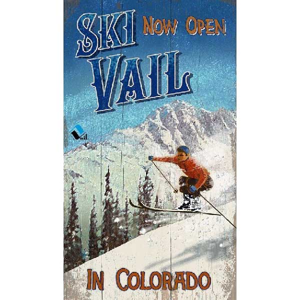 Old wood sign of skier in Vail Colorado