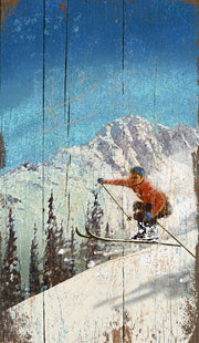 rustic image with distressed wood marks and image of jumping skier