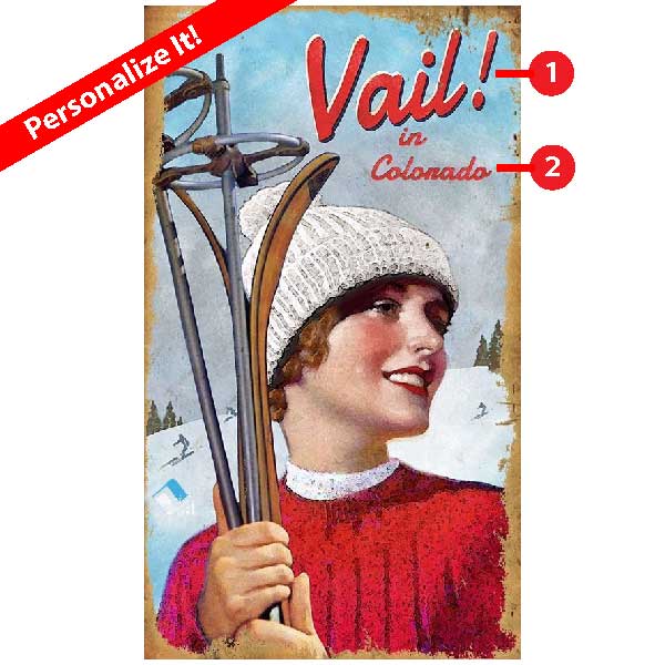 personalize this old school wood sign of a ski girl