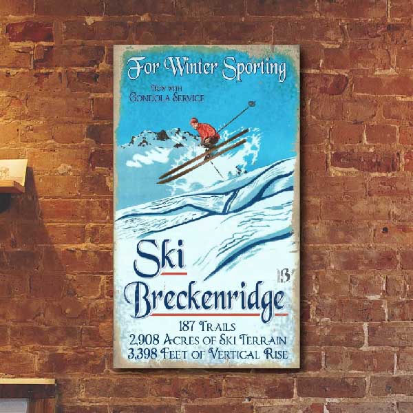 vintage-style wood wall art with jumping skier at Breckenridge Colorado