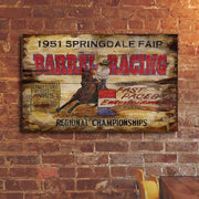 old wood sign for barrel racing at the fair
