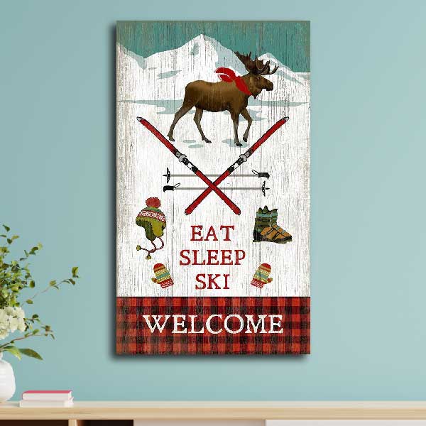 ski cabin wood sign - eat sleep ski - welcome