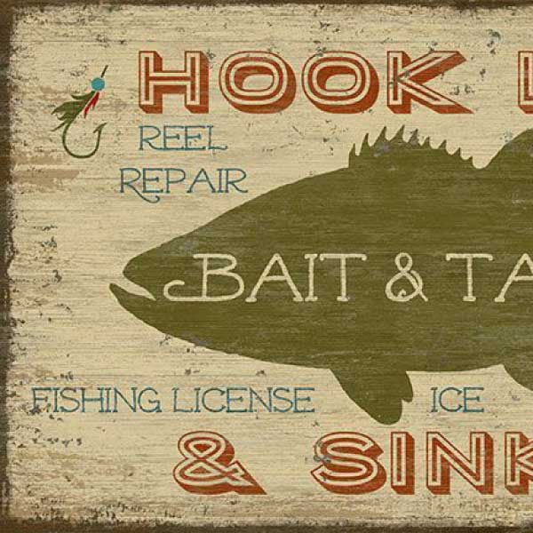 detail view of rustic wood sign for Hook Line & Sinker bait & tackle shop