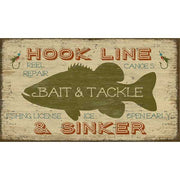 rustic wood sign for Hook Line & Sinker bait & tackle shop; vintage fishing ad