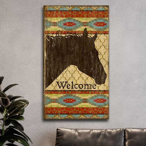 Rustic wood sign to welcome visitors; horse head