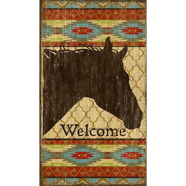 geometric design on a rustic wood sign with the word: Welcome and the image of a horse